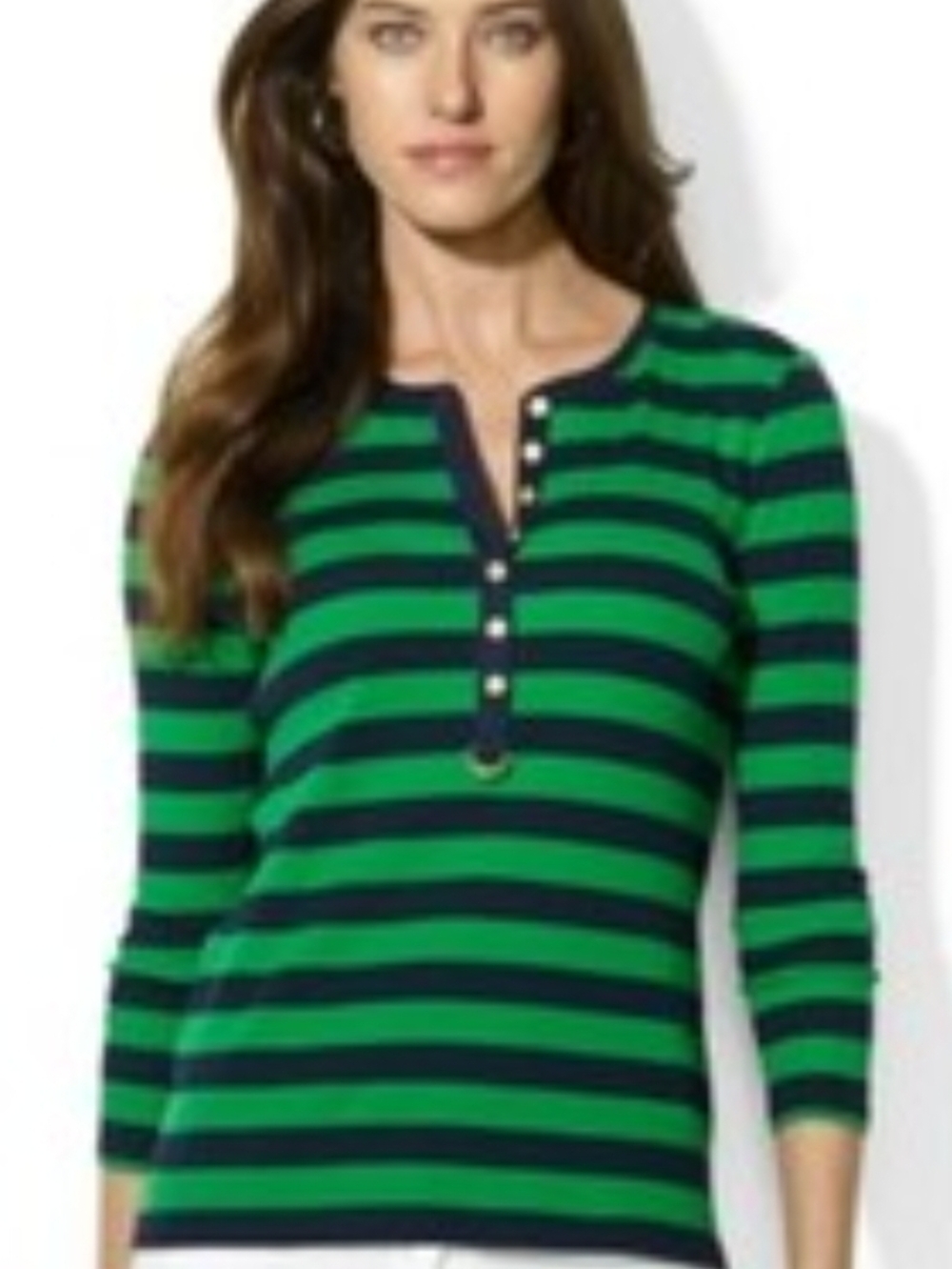 Ralph Lauren Preppy Green and Navy Striped Button-Down Henley Top